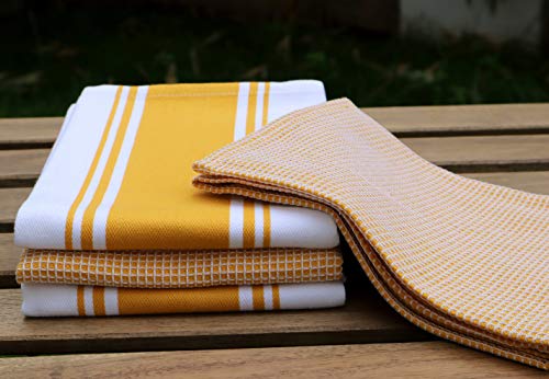 Cotton Kitchen Towels (Yellow / 2 Stripe + 2 Waffle Towels)