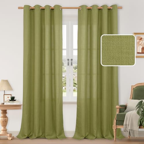 Moss Green Linen Curtains 95 Inches Long 2 Panels for Living Room (52"W x 95"L (Pack of 2) / Silver Grommet-moss Green)