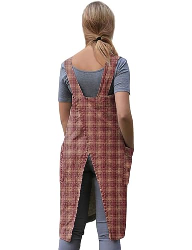 Women's Plaid Cross Back Apron with Large Pockets Home Kitchen (Large / Plaid7)