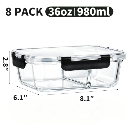 8 Pack 2 Compartment 36oz Borosilicate Glass Meal Prep Containers with Lids (Black / 8 Pack 2 Compartment)
