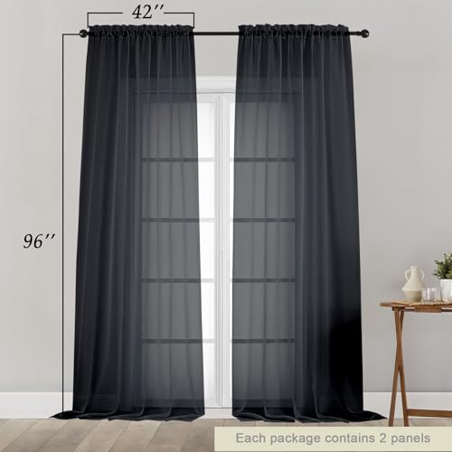 Black Sheer Curtains for Bedroom Living Room 96 Inches Long 2 Panels (Black / 42"W x 96"L (Pack of 2))