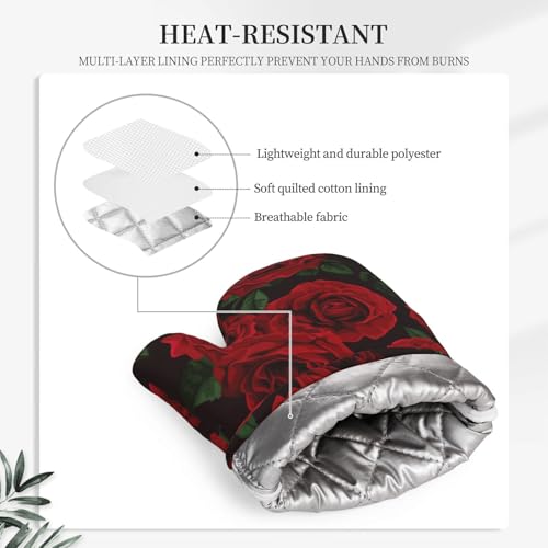 Red Black Rose Flower Oven Mitts and Pot Holders Sets of 4 (Red Black Rose Flower)