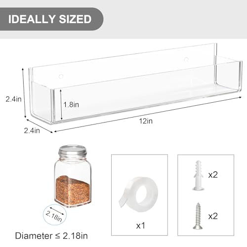 Adhesive Acrylic Spice Rack Organizer for Wall with Nano Double Sided Tape (2 Pack-12" (Rack Only) / Clear)