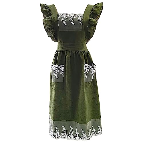Cute Cotton Apron Frilly Lace Ruffle Adjustable Pinafore Apron Dress with Pockets for Cooking Baking Cleaning Gardening (Pine Green)