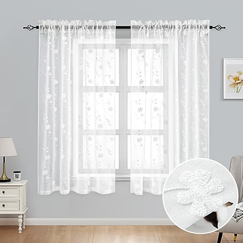 White Sheer Curtains 63 Inch Length 2 Panels White Embroidered Floral Pattern Semi Sheer Window Curtains for Bedroom Living Room (52"W x 63"L (Pack of 2) / White)