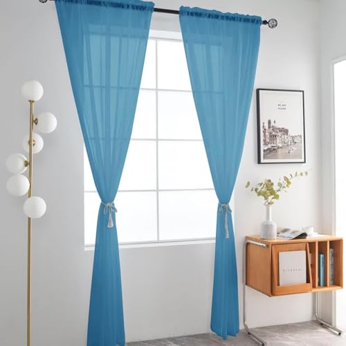 Basic Rod Pocket Sheer Voile Window Curtain Panels Blue 1 Pair 2 Panels 52 Width 90 Inch Long for Kitchen Bedroom Children Living Room Yard（Blue (Blue / 52"W x 90"L (Pack of 2))