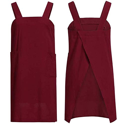 Cotton Linen Apron Cross Back Apron for Women with Pockets Pinafore Dress for Baking Cooking (Red / X-Large)