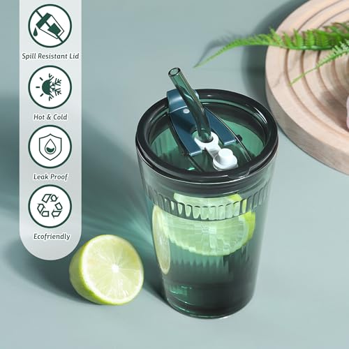 Glass Tumbler with Straw and Lid (Green-1)