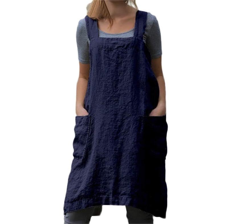 Cotton Linen Apron Cross Back Apron for Women with Big Pockets Square Pinafore Dress for Baking Cooking BBQ & Grill (Blue / Large)