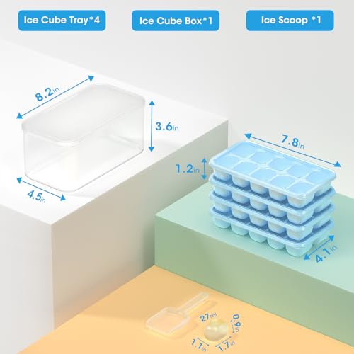 Ice Cube Tray with Lid and Bin (Lake Blue / 8.2*4.5*3.6'' - 4 Pack)