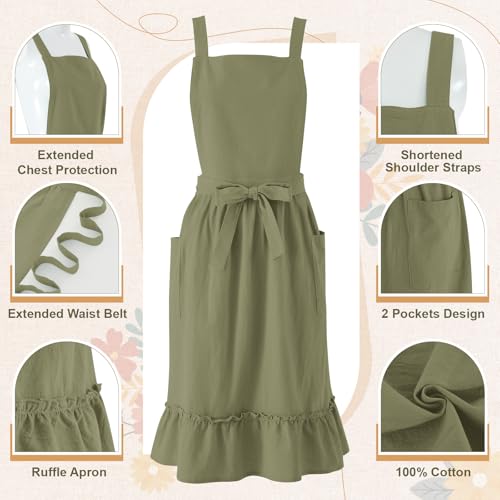100% Cotton Aprons with Pockets Pinafore Dress for Women Vintage Cotton Apron for Christmas Kitchen Cooking Gifts (Olive Green / Vintage)