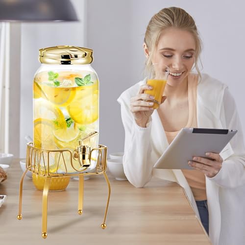 2 Pcs Plastic Drink Dispenser with Metal Stand 1 Gallon (Gold)