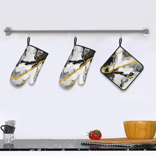 Black White Marble with Gold Stripes Oven Mitts and Pot Holders Set of 3 (Black-gold-marble)