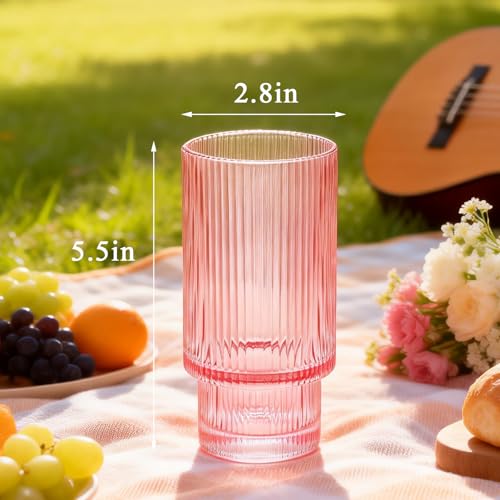 12 oz Ribbed Drinking Glasses Set of 12 (12 OZ / Pink 12 Pcs)