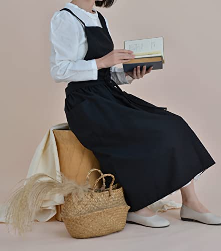 Women Cotton Linen Cross Back Apron with Pockets for Gardening Works Pinafore Dress Black (Black)