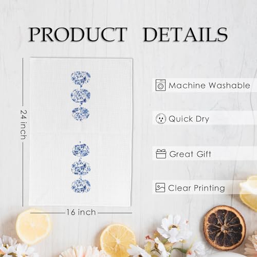 Blue and White Pumpkin Fall Decor Kitchen Towels and Dishcloths Set of 2 (White Pumpkins)