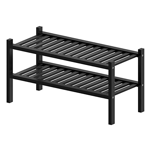 2 Tier (Thick) Bamboo Shoe Rack for Closet Free Standing Wood Shoe Shelf for Entryway Small Space Stackable 27"x12"x14" (Black) (Black / 2 Tier(Thick))