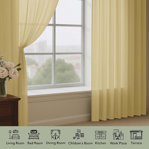 Extra Long Gold Sheer Curtains 96 Inches Long 2 Panels Set (Gold / 59"W x 96"L (Pack of 2))