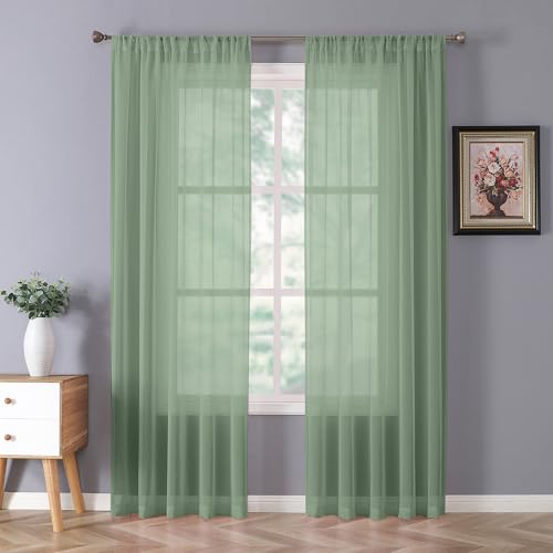 Sheer Curtains Bedroom Linen Textured Curtain Sheers Light Filtering Voile Rod Pocket Curtains for Living Room (38"W x 84"L (Pack of 2) / Sage Green)