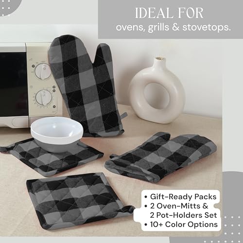 Buffalo Plaid Check Oven Mitts and Pot Holders Set (Light Grey & Black, Buffalo Plaid)