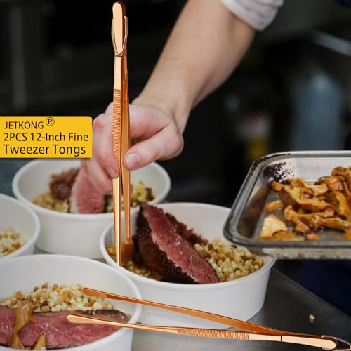 2 Pcs 12 Inch Kitchen Tweezers Cooking Tweezer Tongs Stainless Steel Long Food Tweezers (12+12 Inch / Rose Gold)