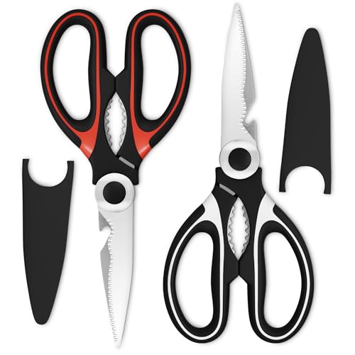 2 Pcs Kitchen Scissors All Purpose Heavy Duty (Black/Red & Black/White)