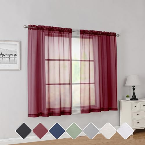 Red Short Sheer Curtains 45 Inch Length for Small Windows (Burgundy / 42"W x 45"L (Pack of 2))