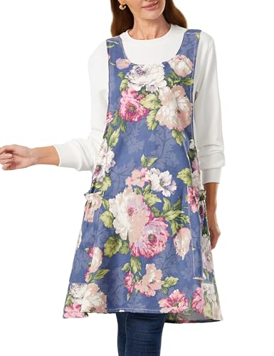 Cozy Adjustable Cross Back Aprons for Women with Pockets Cotton Linen Cooking Kitchen Baking Colorful Peonies (Colorful Peonies)
