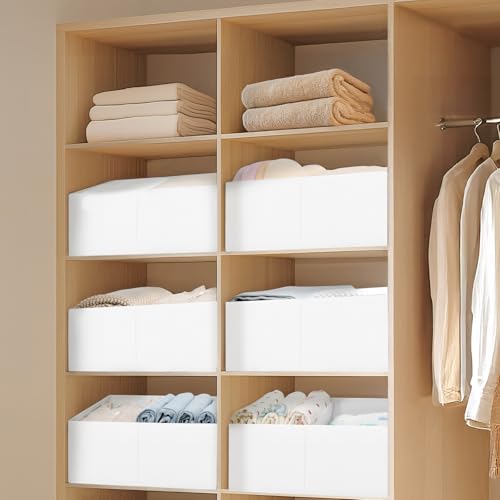 Large Closet Shelf Organizer Bins 6 Packs with Handles and Divider (White / 6 Bins 16.5"x11"x7.8")
