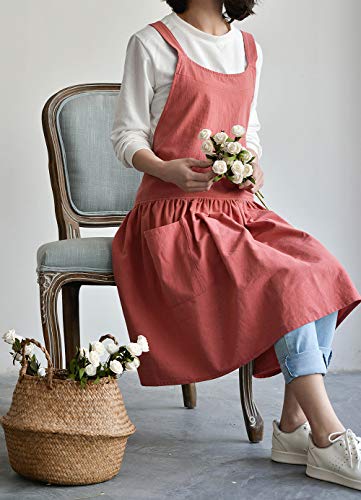 Japanese Cotton Cross Back Pinafore Apron for Women with Pockets Coral (13 - Grapefruit Red With Waist Ties)