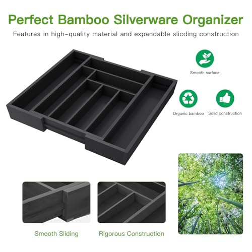 Bamboo Expandable Silverware Drawer Organizer (Black / Medium)