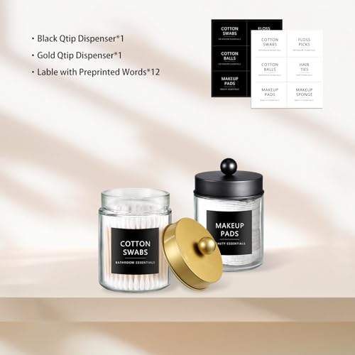 2 Pack Glass Qtip Holder with Black & Gold Stainless Steel Lids (2 pack / Black&Gold)