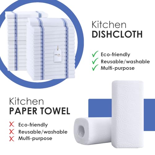 Dish Towels 30 Pack Blue Stripe 100% Cotton Kitchen Towel 15x25 Inch Tea Towels (Blue Stripe / Pack of 30)