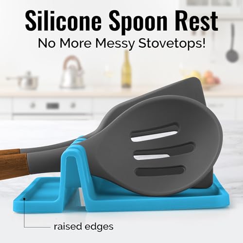 Silicone Utensil Rest with Drip Pad for Multiple Utensils (Medium / Blue)