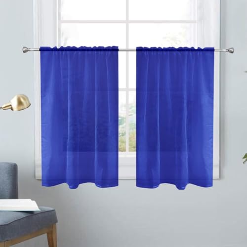 Basic Rod Pocket Sheer Voile Window Curtain Panels Blue Sapphire 1 Pair 2 Panels 26 Width 30 Inch Long for Kitchen Bedroom Children Living Room Yard（Blue Sapphire (Blue Sapphire / 26"W x 30"L (Pack of 2))