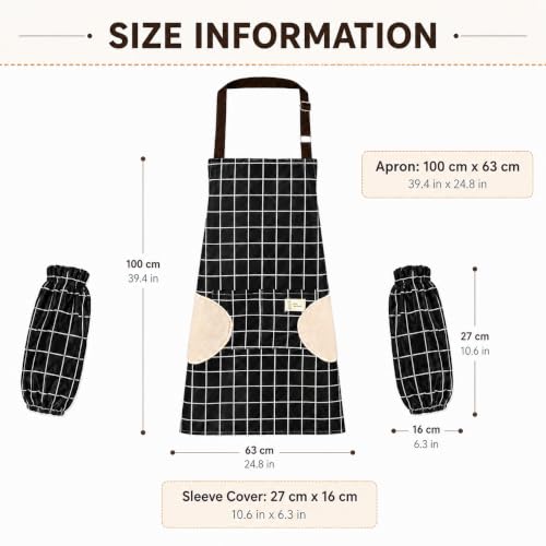 Waterproof Bib Apron Set with Sleeves (Black-grid)