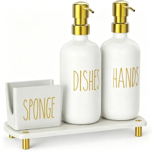 Kitchen Soap Dispenser Set Comes with Ceramics Sponge Holder (Gold + White + Sponge Holder)