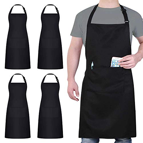 4 Packs Waterproof Cooking Chef Aprons with 2 Pockets for Men Women (Black)
