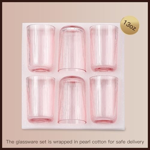 Pink Ribbed Highball Glasses Set of 6 (6pcs-Pink-13.2oz)