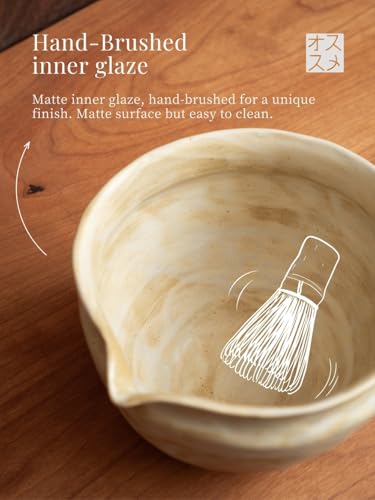 Matcha Set with Handmade Ceramic Bowl & Bamboo Whisk (Sandstone Reactive Glaze)