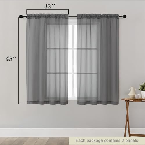 Grey Sheer Curtains for Bedroom Living Room 45 Inch Length 2 Panels (Grey / 42"W x 45"L (Pack of 2))