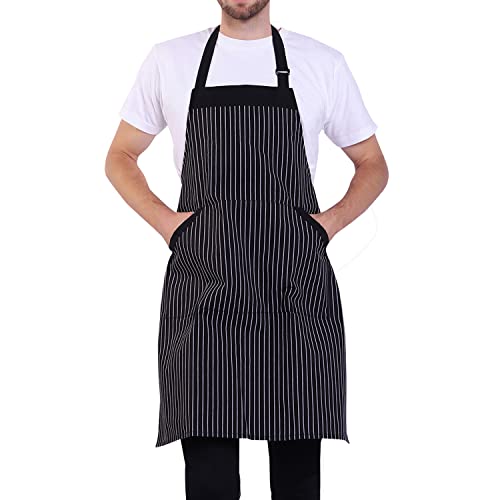 Adjustable Bib Apron with Pocket Extra Long Ties for Women Men (Bk&wh Stripes)