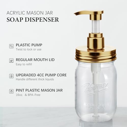 Plastic Mason Jar Soap Dispenser with Pump Lid 16OZ (Gold)
