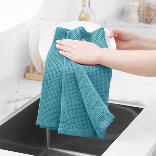 100% Cotton Waffle Weave Kitchen Dish Towels 6 (Lake Blue / 13 X 28 - 6 Pack)