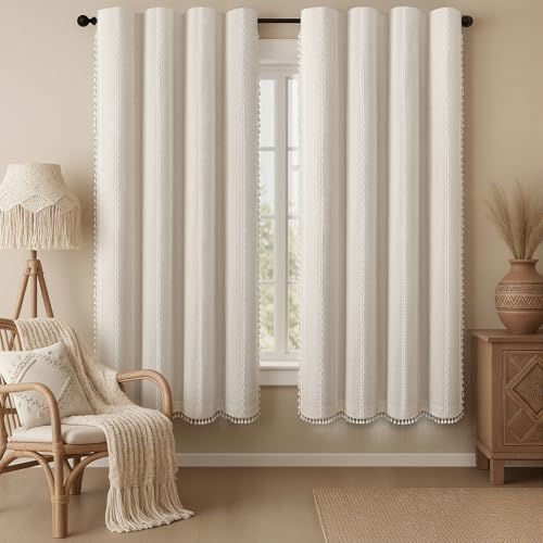 Ivory 100% Boho Blackout Curtains 72 Inch 2 Panels with Tassels (Ivory White / 52"W x 72"L (Pack of 2))