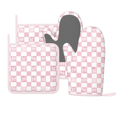 Oven Mitts and Pot Holders Pink Check Bow Pattern Silicone Kitchen Accessories Set of 4 Heat Resistant Long Gloves Potholder Non (A063221)
