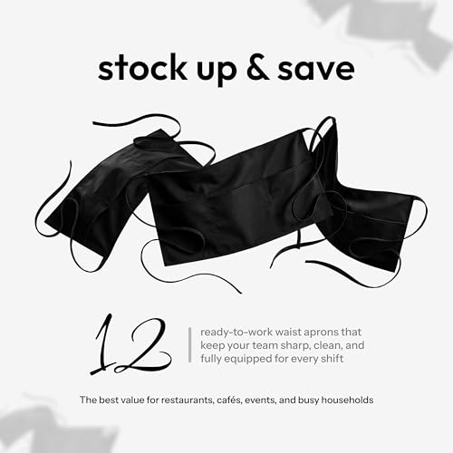 12 Pack Black Server Waist Aprons with 3 Pockets (Black Waist Apron - 12 Pack)