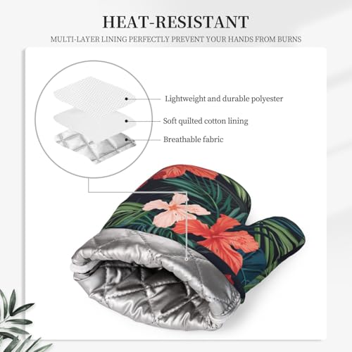 Tropic Hawaiian Hibiscus Flower Oven Mitts Pot Holders Set Silicone Heat Resistant Green Leaves Red Floral Oven Mitts and Hot Pads Potholders Non (Red Green)