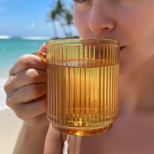 Ribbed Glass Coffee Mug with bamboo lids and handle (Colored)