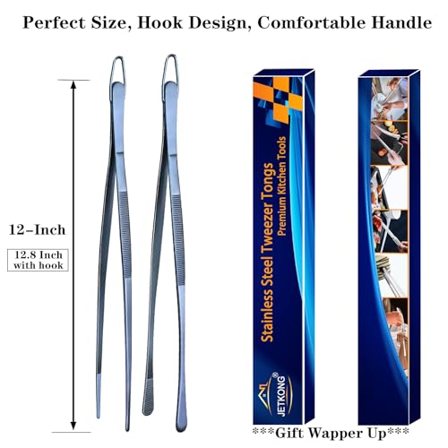 2 Pcs 12 Inch Cooking Tweezer Tongs Stainless Steel Kitchen Tweezers Plating Tongs (12+12 Inch / Navy Blue)